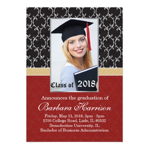 Damask black, red Graduation Announcement Photo 5