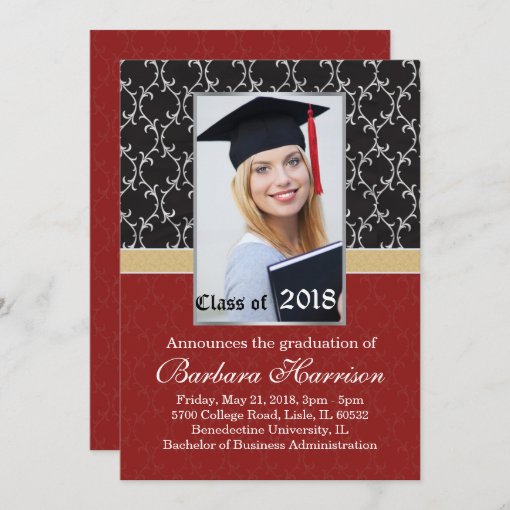 Damask black, red Graduation Announcement Photo | Zazzle