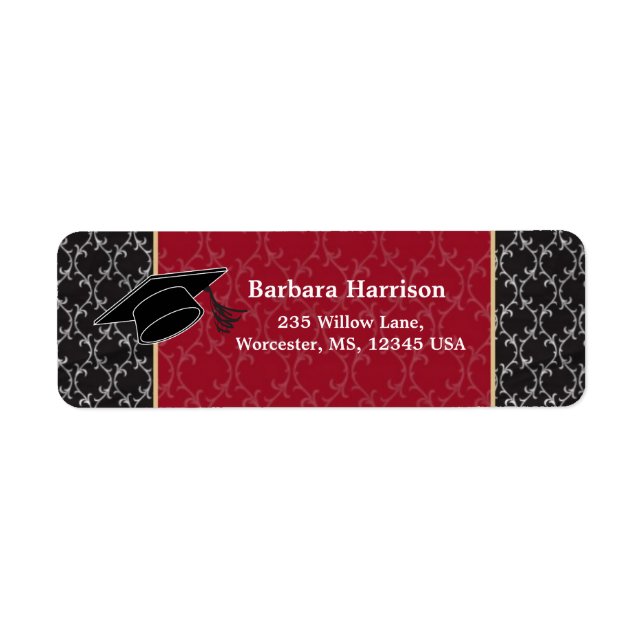 Damask black, red, mortar Graduation Label (Front)