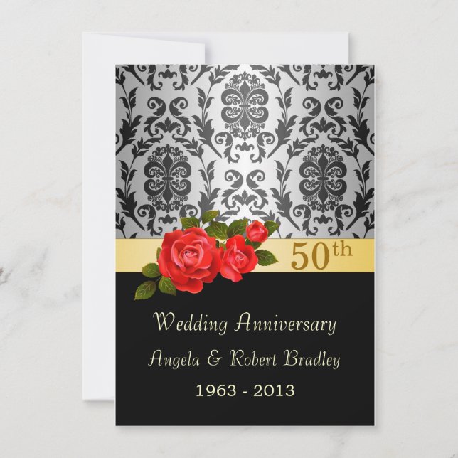 Damask black, red rose 50th Wedding Anniversary Invitation (Front)