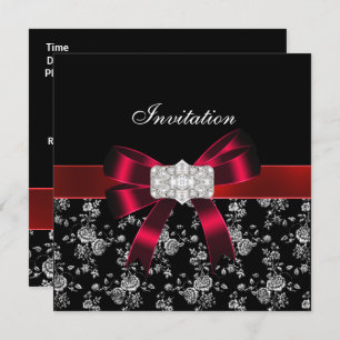 Damask Black Red White Jewel Bow Invitation