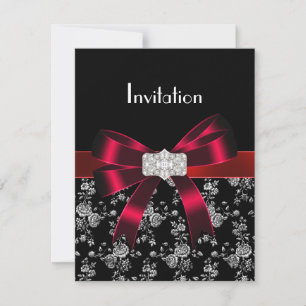 Damask Black Red White Jewel Bow Invitation