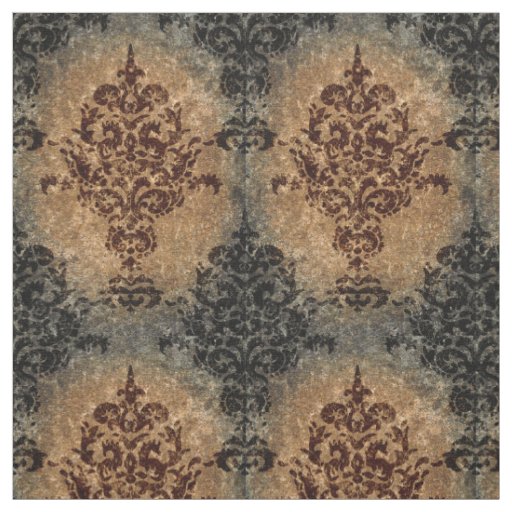 Damask Black Rust on Gray and Tan Fabric