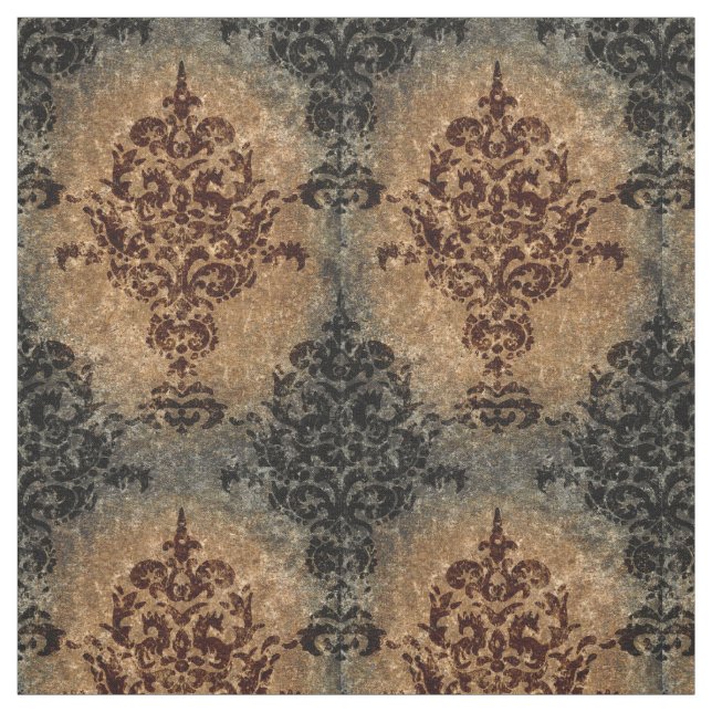 Damask Black Rust on Gray and Tan Fabric (Swatch)