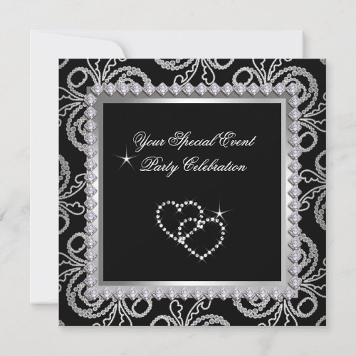 Damask Black Silver Diamonds Heart Party Invitation