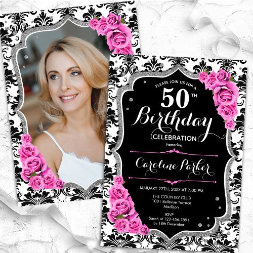 Damask Black Silver Pink Photo 50th Birthday Invitation