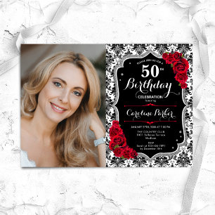 Damask Black Silver Red Roses Photo 50th Birthday Invitation