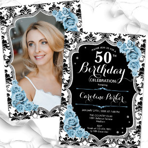 Damask Black Silver Royal Blue Photo 50th Birthday Invitation