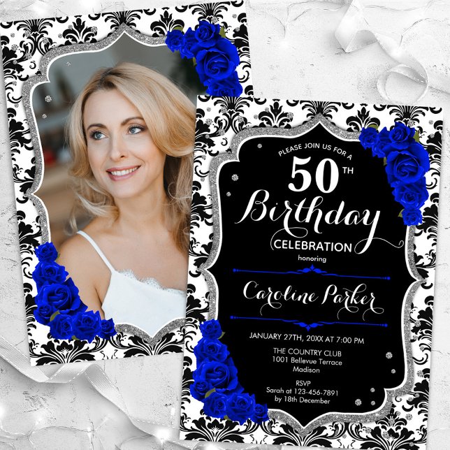 Damask Black Silver Royal Blue Photo 50th Birthday Invitation (Creator Uploaded)