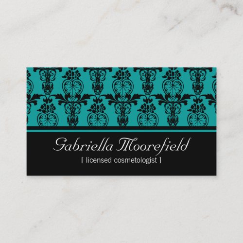Damask Black Teal Cosmetologist Business Cards