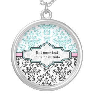 Damask black turquoise pink silver necklace