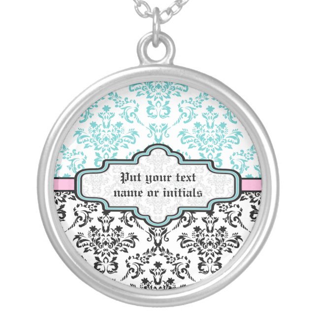 Damask black turquoise pink silver necklace (Front)