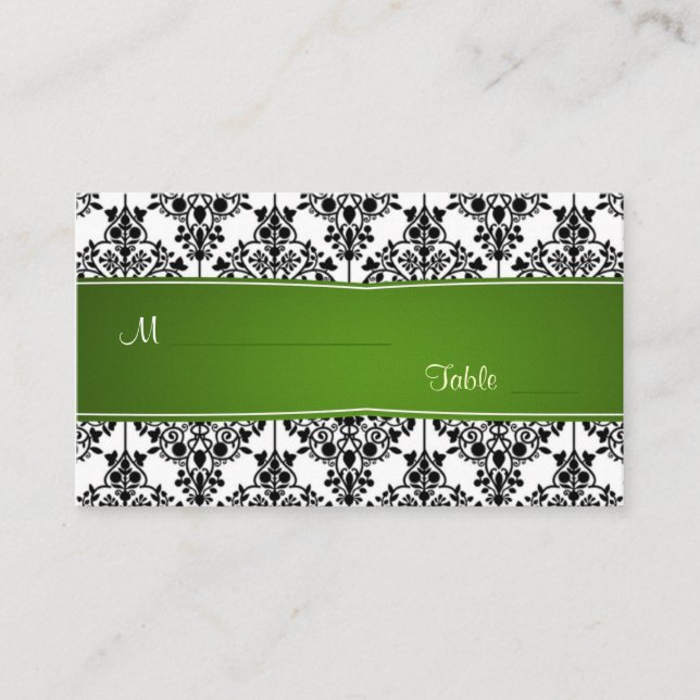 Damask black, white and green Place card (Front)