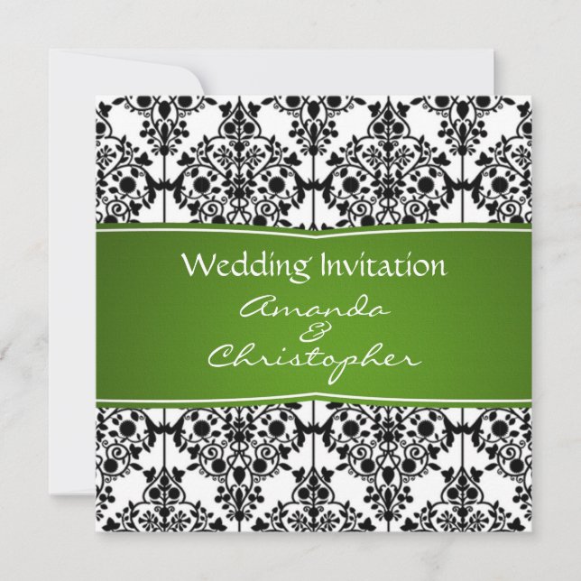 Damask black, white and green Wedding Invitation (Front)