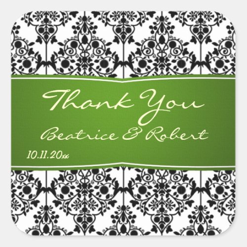 Damask black white and green Wedding Thank You Square Sticker