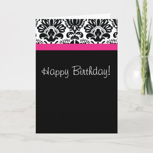 Damask black white and hot pink card