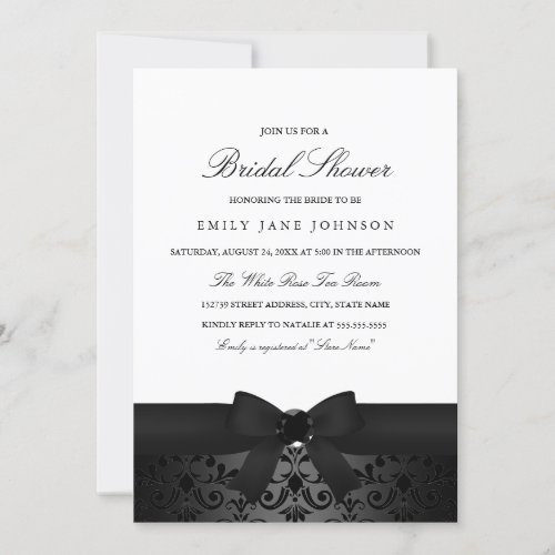 Damask Black  White Bow Bridal Shower Invite