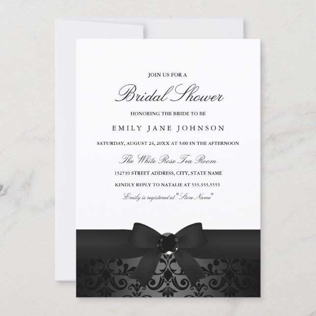 Damask Black & White Bow Bridal Shower Invite (Front)