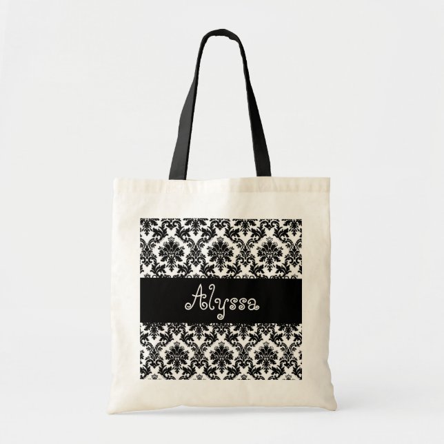 Damask Black White Bride or Bridesmaid Gift Tote Bag (Front)