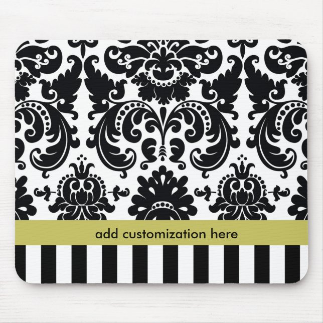 Damask Black White Chartreuse + Stripes Mouse Pad (Front)