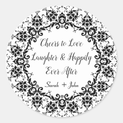 Damask Black White Cheers to Love Laughter Wedding Classic Round Sticker