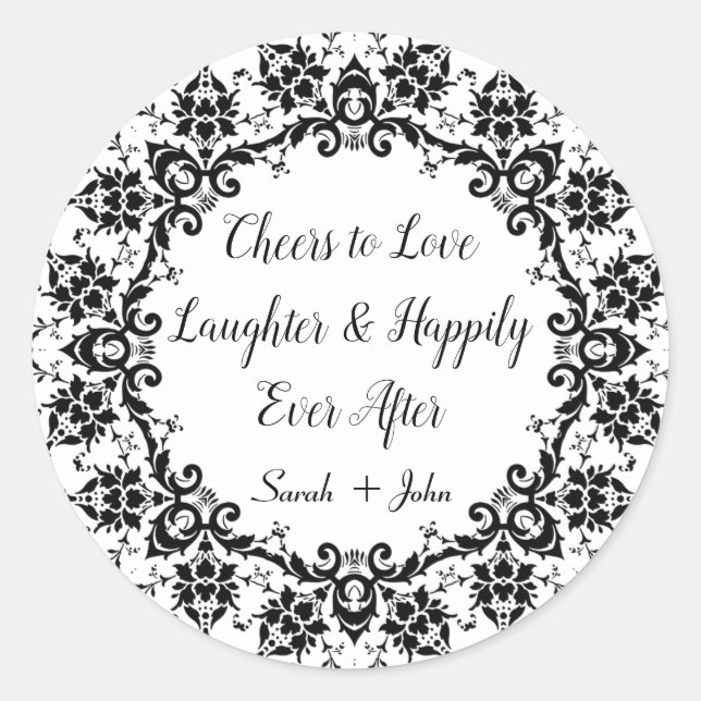 Damask Black White Cheers to Love Laughter Wedding Classic Round Sticker (Front)