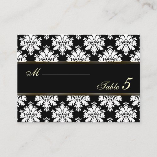 Damask black white golden strips Place card