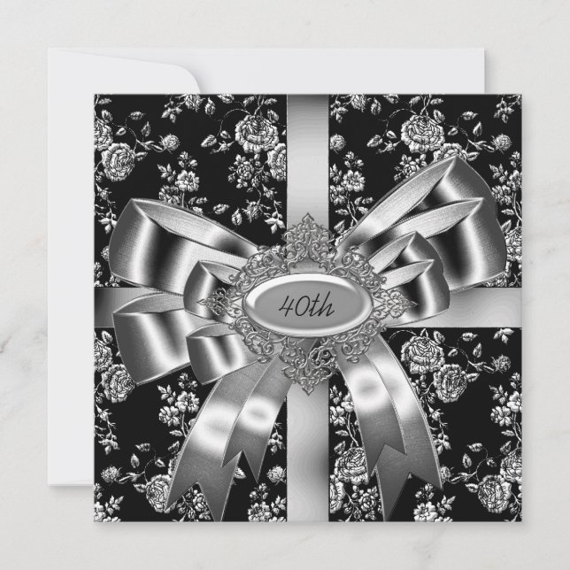 Damask Black White Jewel Silver Bow 40th Invitation (Front)