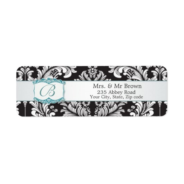 Damask black white Monogram B Wedding Avery Label (Front)