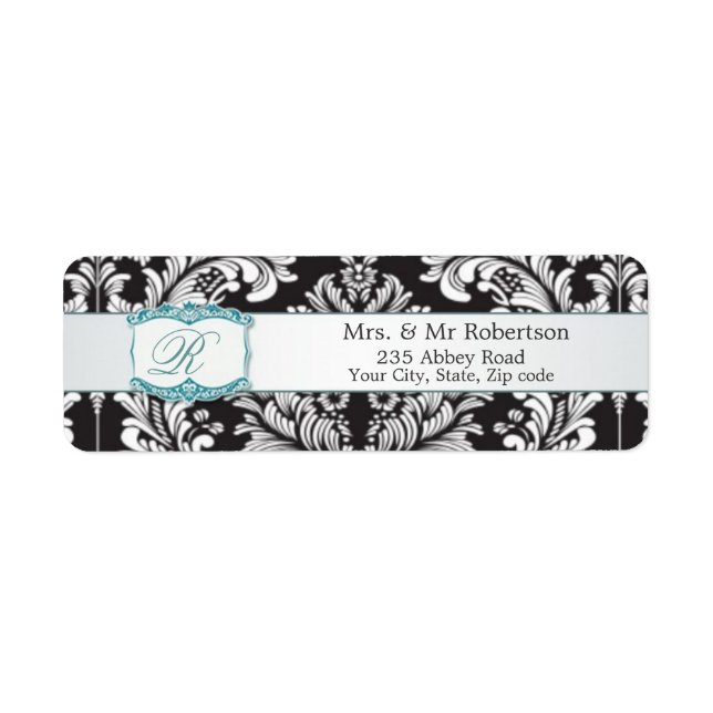 Damask black white Monogram R Wedding Label (Front)