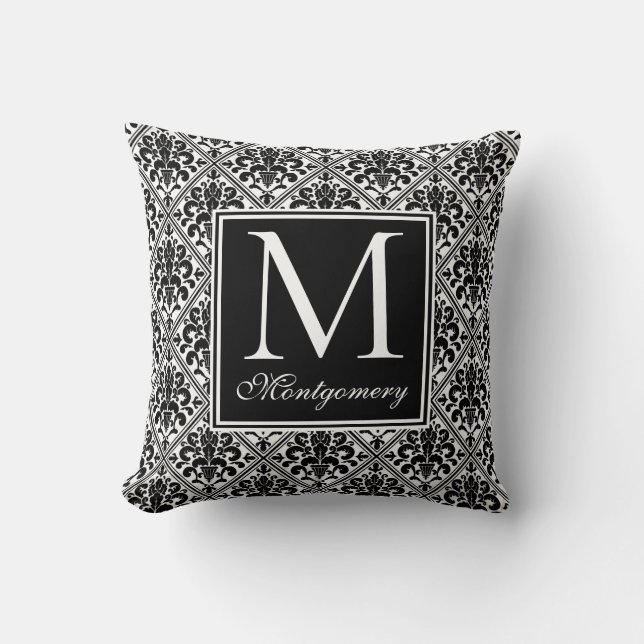Damask Black White Monogrammed Throw Pillow (Front)