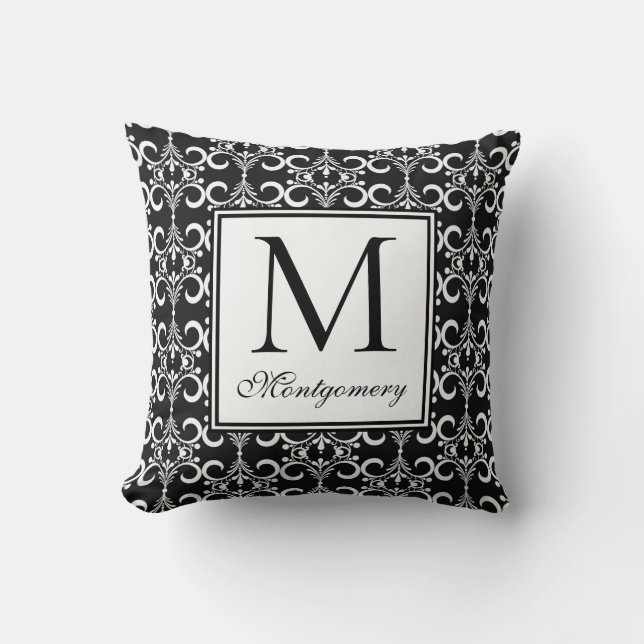 Damask Black White Monogrammed Throw Pillow (Front)