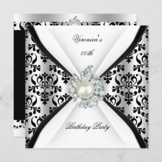 Damask Black White Pearl Diamond Birthday Party Invitation