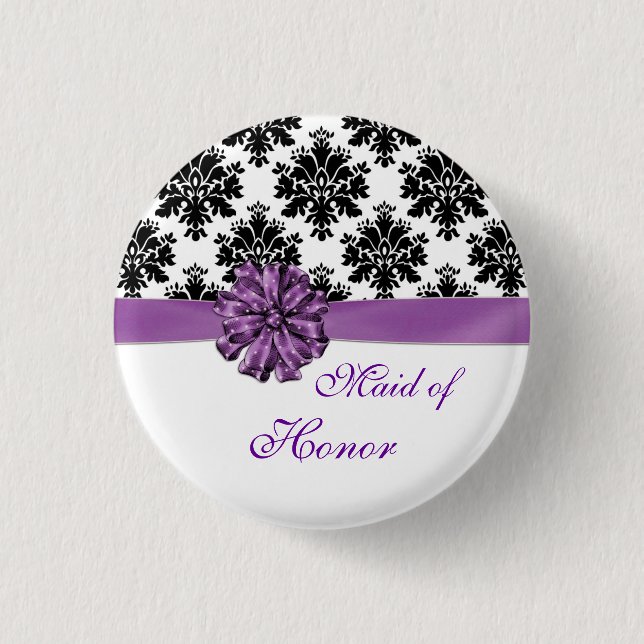 Damask black white purple bow Maid of Honor Button (Front)