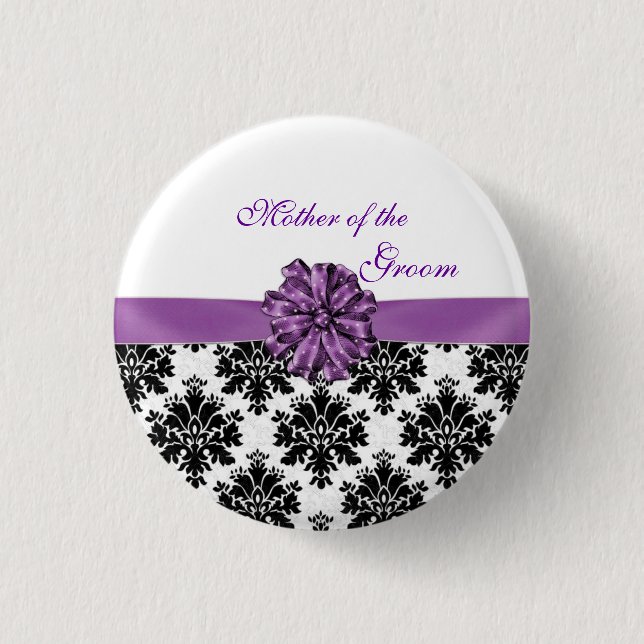 Damask black white purple bow Mother of the Groom Button (Front)