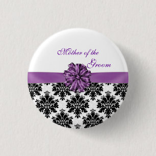 Damask black white purple bow Mother of the Groom Button