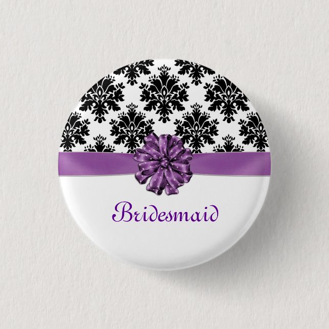 Damask black white purple bow Wedding Bridesmaid Pinback Button (Front)