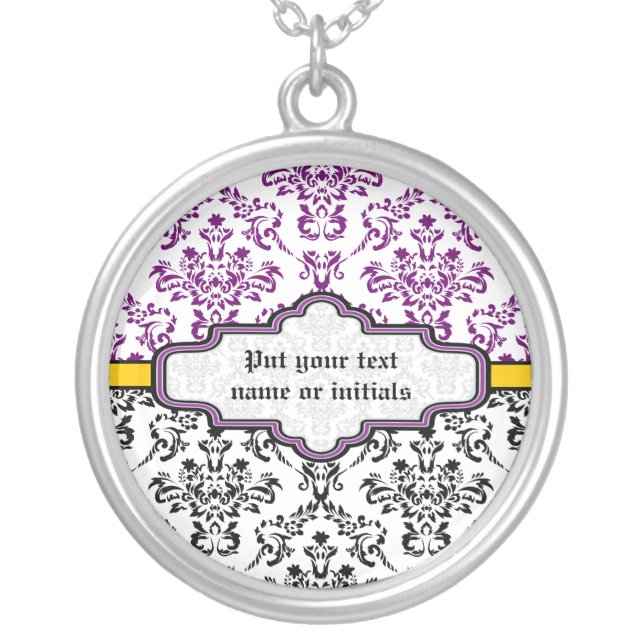 Damask black white purple yellow silver necklace (Front)