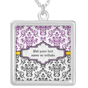 Damask black white purple yellow silver necklace