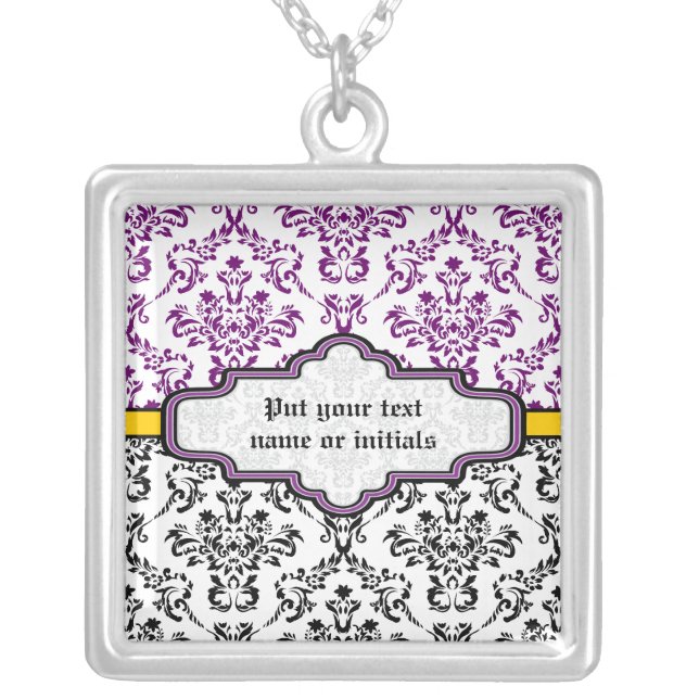 Damask black white purple yellow silver necklace (Front)