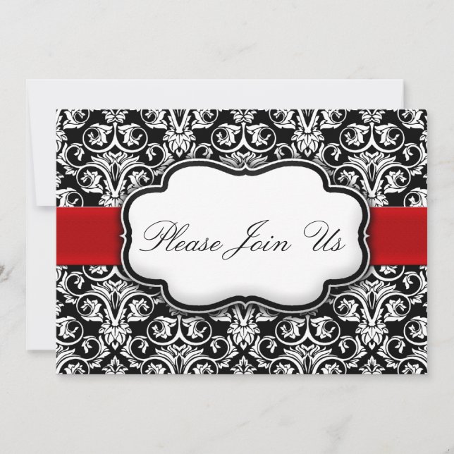Damask Black/White/Red Holiday Party Invitations (Front)