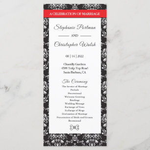 Damask Black White Red Stripe Wedding Program