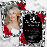 Damask Black White Silver Red Photo 50th Birthday Invitation<br><div class="desc">Elegant floral feminine 50th birthday invitation with your photo at the back of the card. Glam black white red design with faux glitter silver. Features black and white damask pattern, red roses, script font and confetti. Perfect for a stylish adult bday celebration party. Personalise with your own details. Can be...</div>