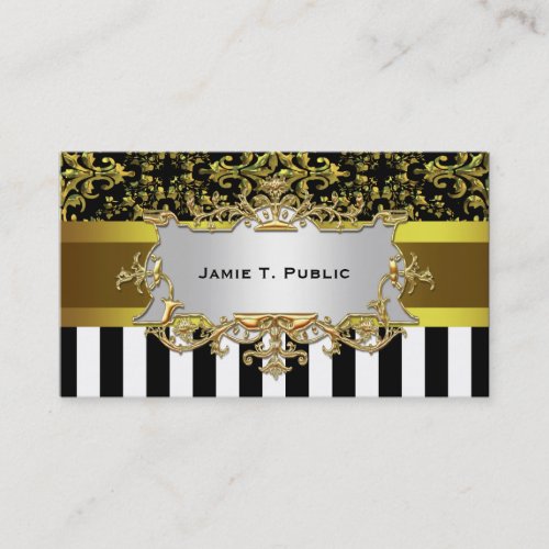 Damask, Black White Stripe Gold Ribbon, Gold Label Business Card Template