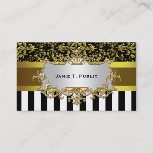 Customizable Damask, Black White Stripe Gold Ribbon, Gold Label Business Card Template