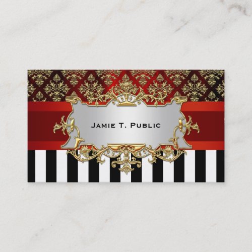 Damask, Black White Stripe, Red Ribbon, Gold Label Business Cards
