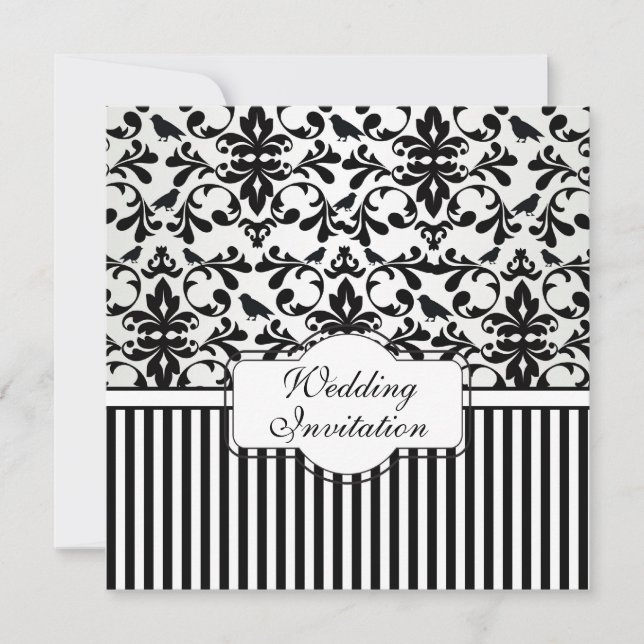 Damask black white swirls, birds, stripes Wedding Invitation (Front)