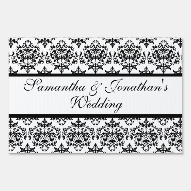 Damask black white wedding engagement yard sign (Front)
