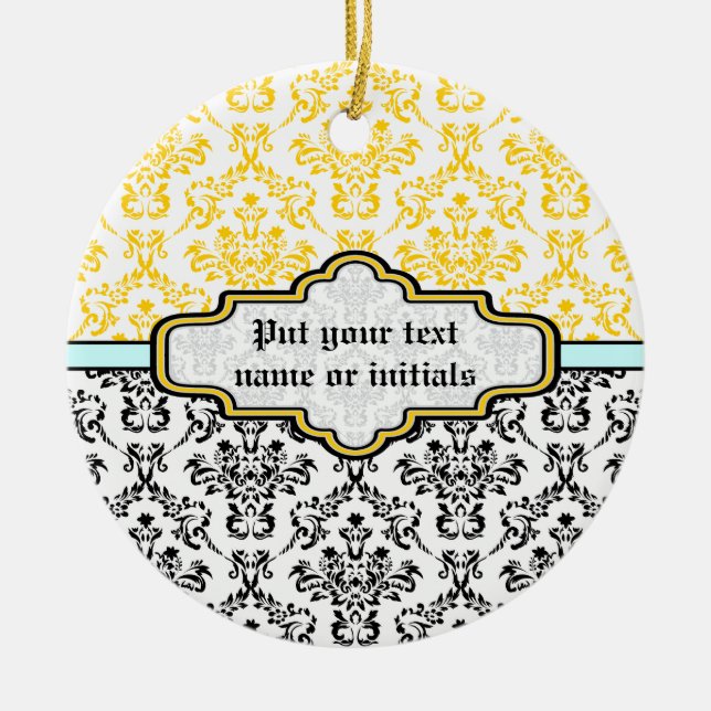 Damask black white yellow aqua ornament (Front)