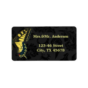 damask black yellow butterfly wedding label